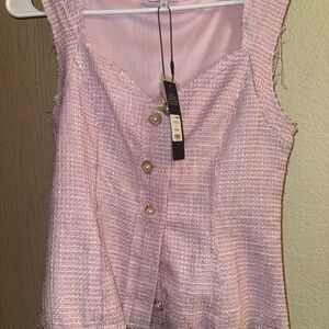 Pink Tweed Vest, Girly Fitted Top Medium Size, Button up Women’s Blouse New